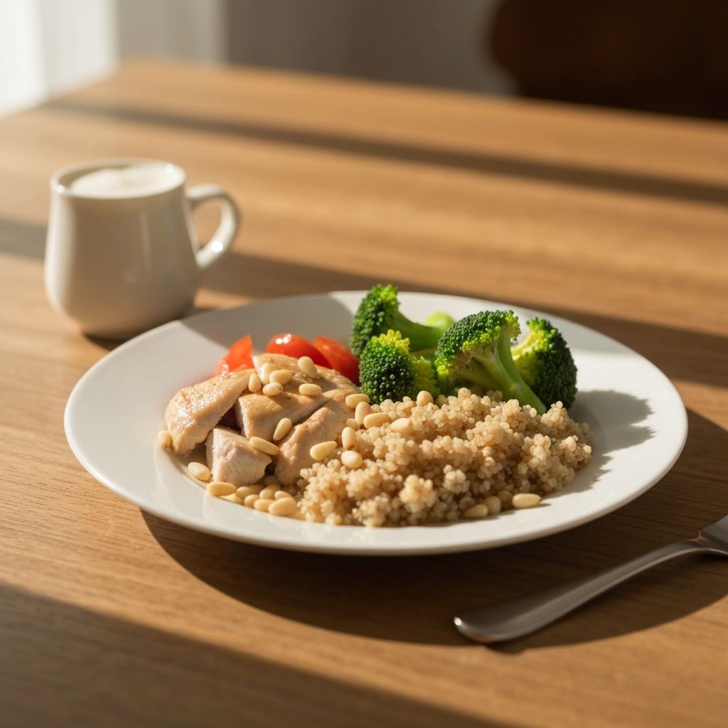 Artfully arranged balanced meal with vegetables, protein, and grains