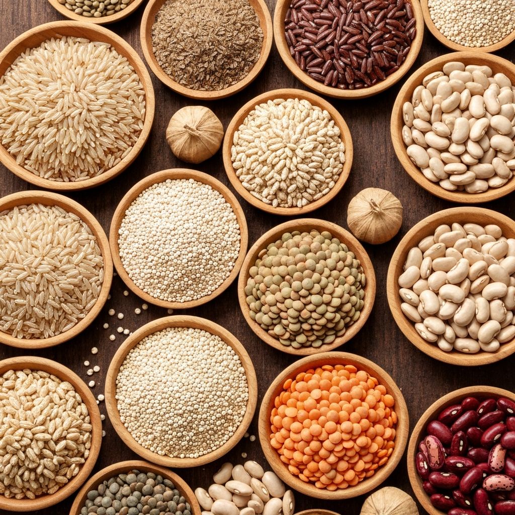 Diverse collection of healthy grains and legumes arranged beautifully