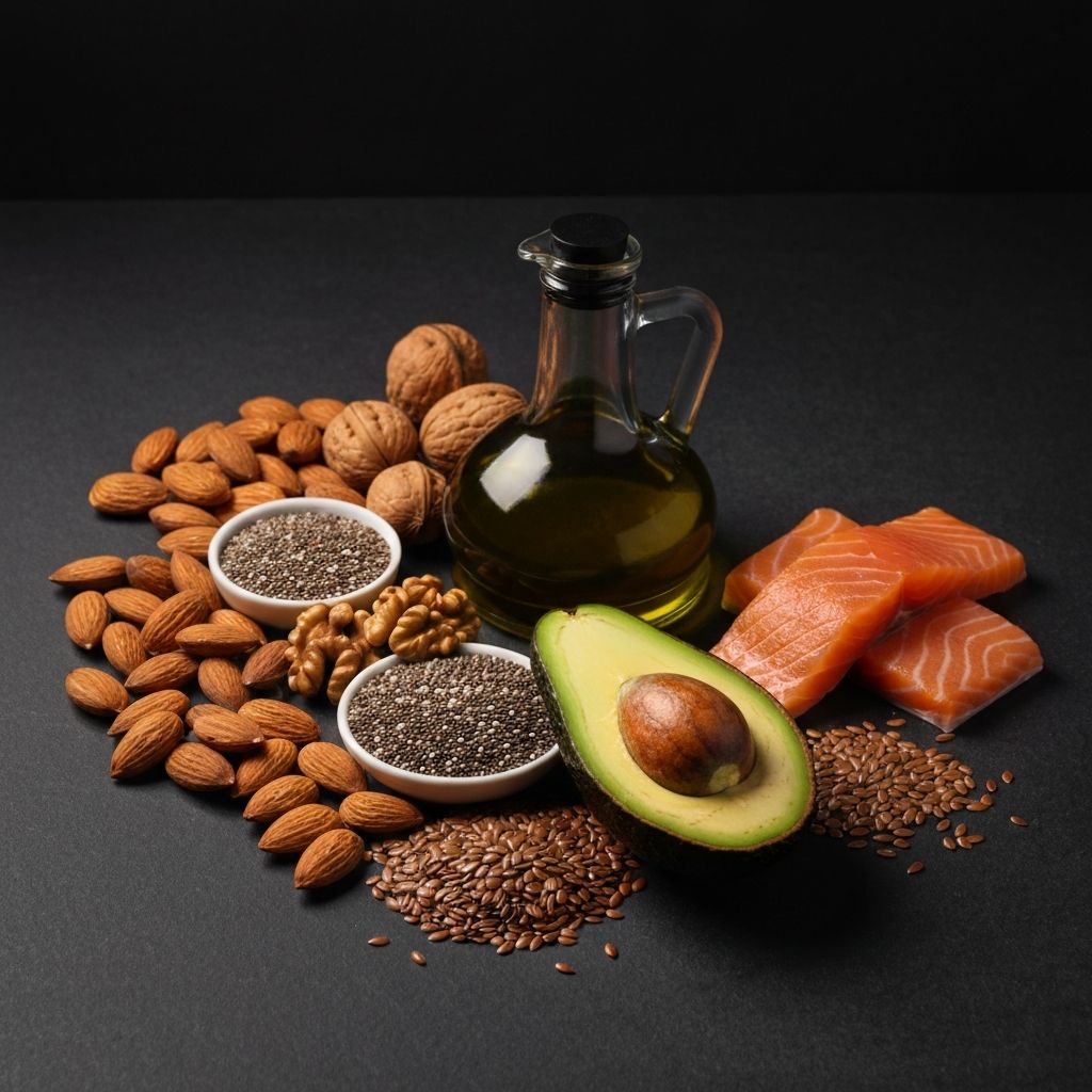 Arrangement of healthy fat sources including nuts and avocado