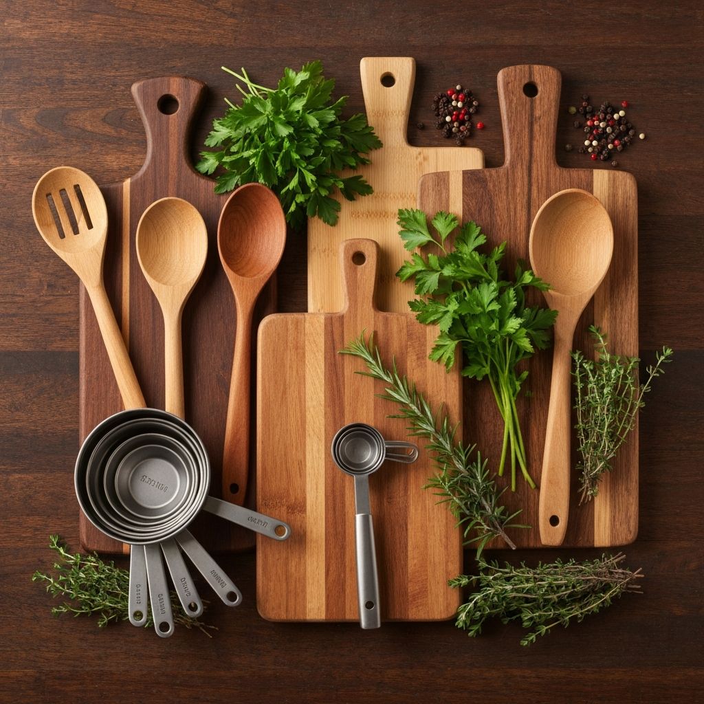 Arranged kitchen tools and implements with fresh herbs