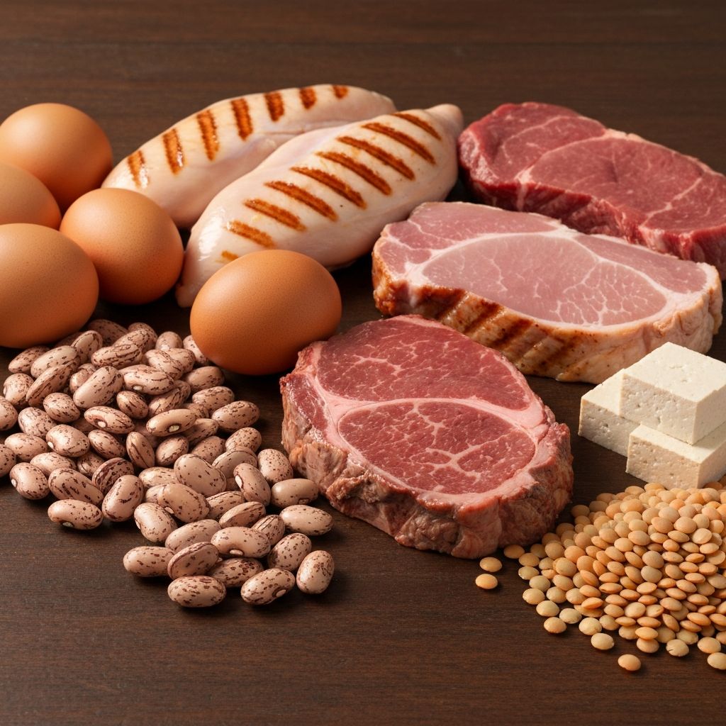 Variety of protein sources including lean meats, eggs, legumes, and nuts arranged professionally