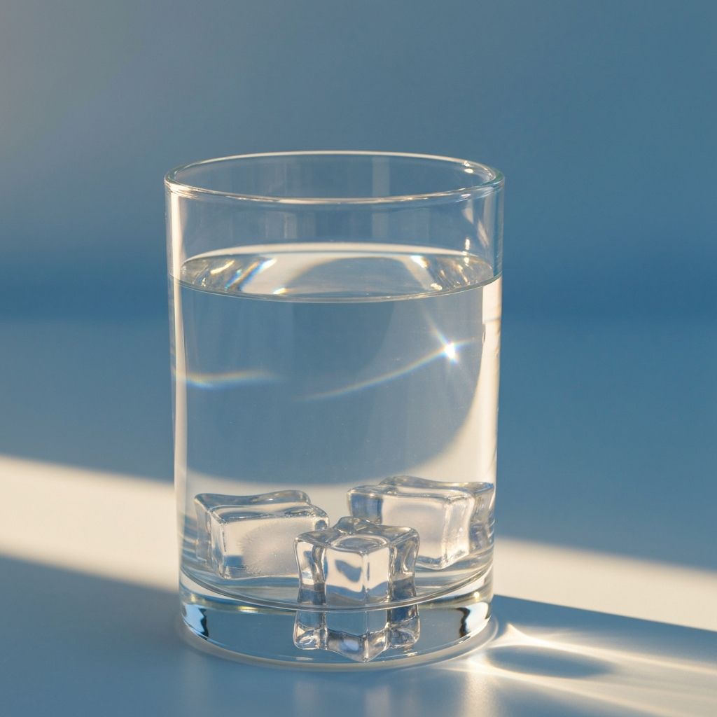 Clear transparent water with light rays and ice cubes